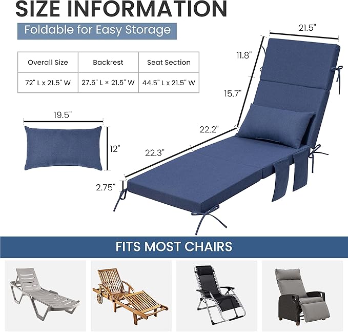 Crestlive Products Foldable Outdoor Chaise Lounge Cushions with Head Pillow and Side Pockets, Water Resistant& Fade Resistant Lounge Chair Cushion, 72''L x 21''W, Set of 2, Sky Blue