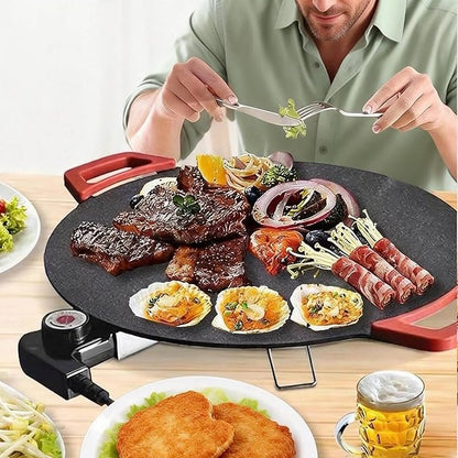Electric Smokeless Grill, Non-Stick BBQ Griddle with Temperature Control, Round Cooking Surface with Red Handles, Indoor Barbecue Pan for Meat and Seafood (11)