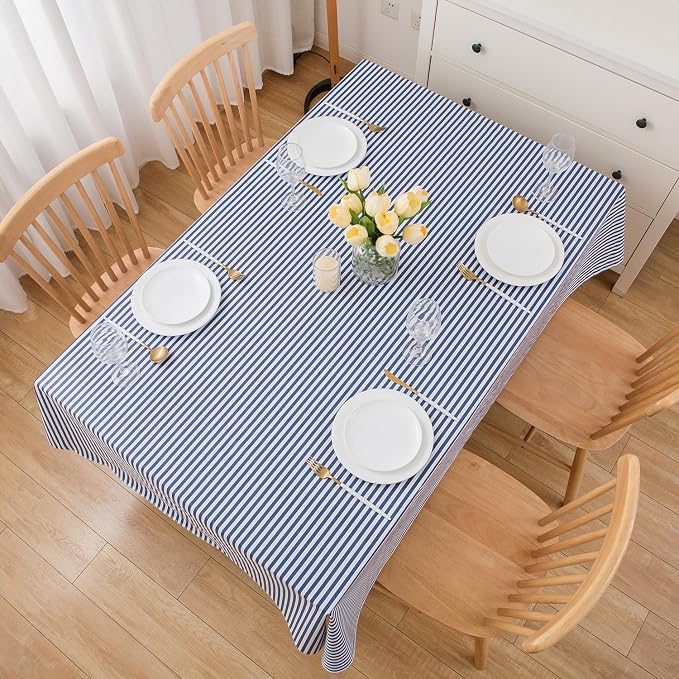 LIBERECOO 60" Square Vinyl Tablecloth with Flannel Backing, Blue Stripe Stain-Resistant Tablecloths Waterproof Oil-Proof Wipeable Table Cover for Indoor/Outdoor Picnic, BBQ