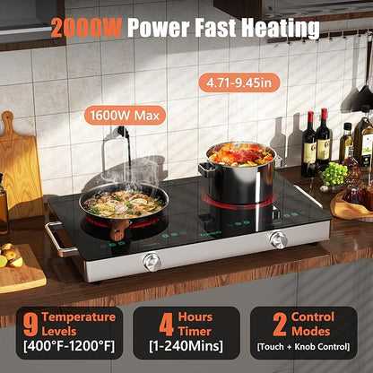2 Burner Electric Cooktop, Two Burner Electric Stove 24 Inch, Portable Ceramic Cooktop with Handle, SensorTouch & Knob Control, Child Lock, Timer, 9 Power Levels, 110V-120V Plug in, Green
