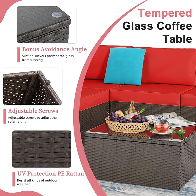6 Pieces Patio Furniture Set Outdoor Couch Wicker Sectional Sofa, Red
