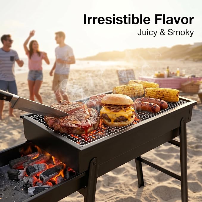 Portable Charcoal Grill, Portable Tabletop BBQ for Outdoor Cooking | Compact Folding Grill for Camping, Hiking, Picnics & Travel | 24”x13”x9” Lightweight Smoky Flavor Grill