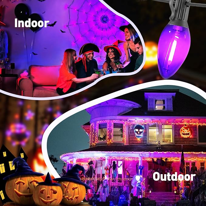 C7 LED Christmas & Halloween Lights - 12FT Outdoor Purple String Lights with 12 Vintage LED Bulbs, Indoor/Outside Hanging Decor for Porch, Garden, Backyard, Balcony, Holiday Party