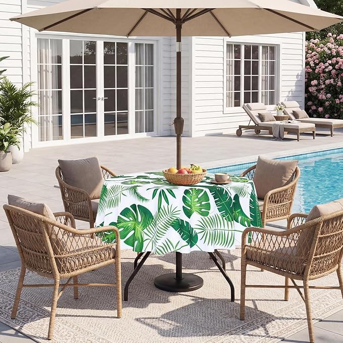Poise3EHome Round Outdoor Tablecloth with Umbrella Hole and Zipper,Palm Leaf 70 Inch,Polyester SpillProof Washable Table Cloth for Spring Summer Patio Garden Poolside Picnic Camping BBQS