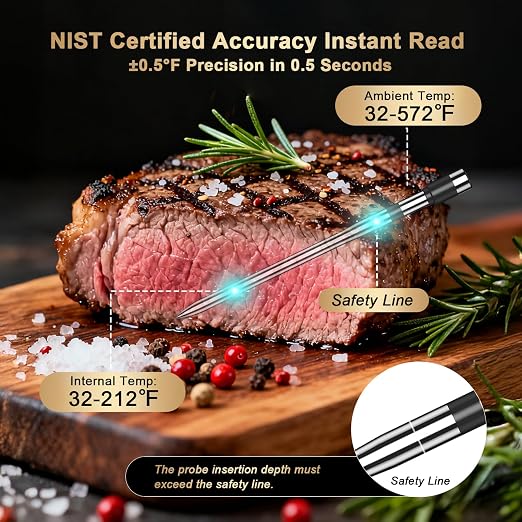 Wireless Meat Thermometer Digital - 800FT Bluetooth Food Thermometer for Cooking, NIST Certified Accuracy, Instant Read Thermometer Standalone Base for Grill BBQ Oven Smoker (Blue)
