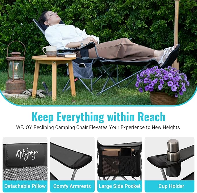 #WEJOY 2-in-1 Reclining Camping Chair with Footrest for Adults Folding Lounge Chair with Adjustable Backrest Lightweight Camping Chairs Heavy Duty Camp Chairs for Outdoor
