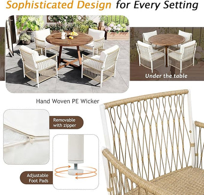 Merax 5 Piece Patio Dining Set, Outdoor Acacia Wood Extendable Round Table with 12 Inch Butterfly Leaf and 4 Rattan Arm Chairs w/Cousions & Pillows for Backyard,Balcony, Garden, Poolsid, Natural