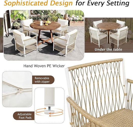 Merax 5 Piece Patio Dining Set, Outdoor Acacia Wood Extendable Round Table with 12 Inch Butterfly Leaf and 4 Rattan Arm Chairs w/Cousions & Pillows for Backyard,Balcony, Garden, Poolsid, Natural