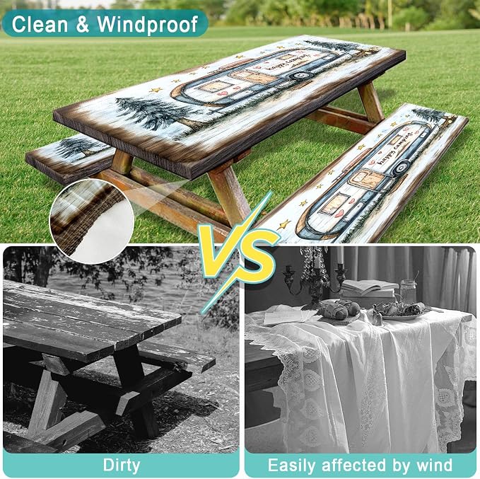 Picnic Table Cover with Bench Covers and Bag, Camping Essentials, Camper Forest Wooden Grain Outdoor Table Covers, Waterproof Windproof, Fitted Tablecloth Cover with Elastic Edge, 3 PCS, 30x96 Inch