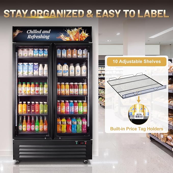 Velivi Commercial Beverage Refrigerator, Double Glass Door Display Cooler, Upright Drink Merchandiser with LED Lighting, Auto Closing Doors