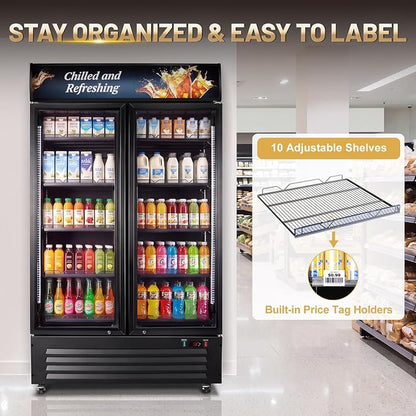 Velivi Commercial Beverage Refrigerator, Double Glass Door Display Cooler, Upright Drink Merchandiser with LED Lighting, Auto Closing Doors