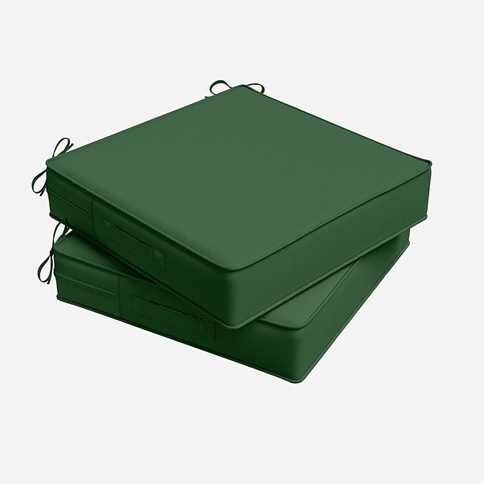 Outdoor Chair Cushion 19 x 19 x 4 Inches Patio Furniture Outdoor Waterproof Seat Cushion, Patio Chair Cushion with Handles and Ties, Square Dining Chair Cushion Set of 2, Green