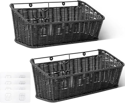 GRANNY SAYS Wicker Hanging Basket, 2 Pack Wall Basket for Kitchen, Fruit and Vegetable Storage Cabinet, Pantry Storage Spice Organization for Cabinet, Adhesive Shelf for Bathroom, Black