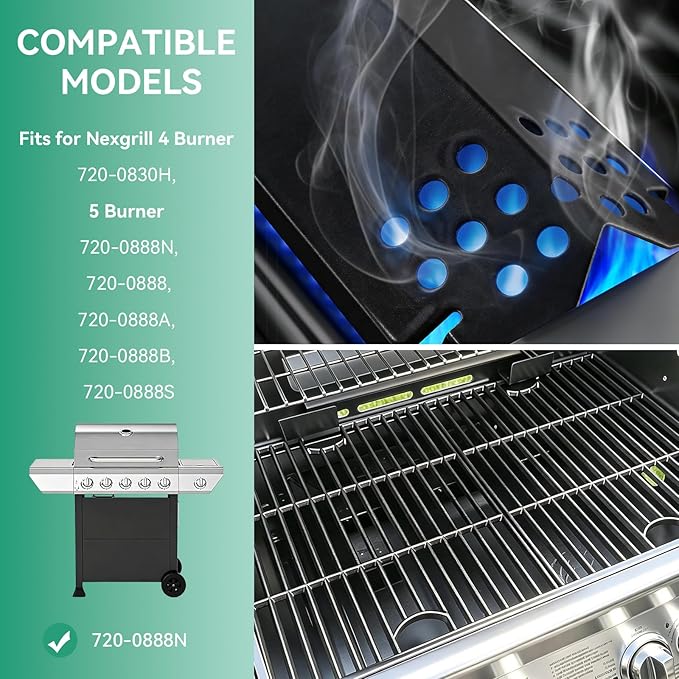 720-0888 Grill Grate Heat Tent Replacement Parts for Nexgrill 5 Burner 720-0888N, 4 Burner 720-0830H, 13 x 17 Cast Iron Cooking Grates, Porcelain Steel Heat Plate Shield for Home Depot Next Grill