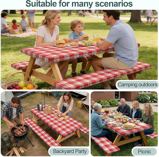 Picnic Table Cover Bench Covers Camping Essentials Tablecloth | Waterproof Vinyl for Outdoor, Windproof Elastic Fitted Edges, RV BBQ Accessories Must Haves, Storage Bag Included