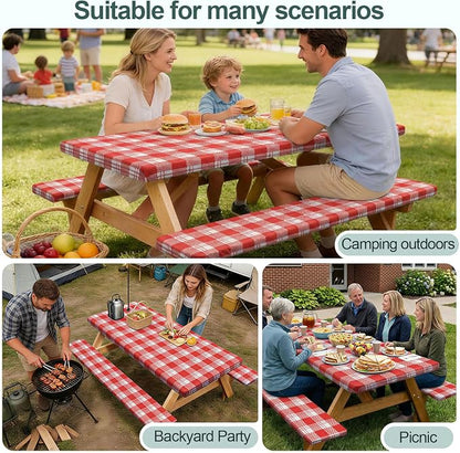 Picnic Table Cover Bench Covers Camping Essentials Tablecloth | Waterproof Vinyl for Outdoor, Windproof Elastic Fitted Edges, RV BBQ Accessories Must Haves, Storage Bag Included