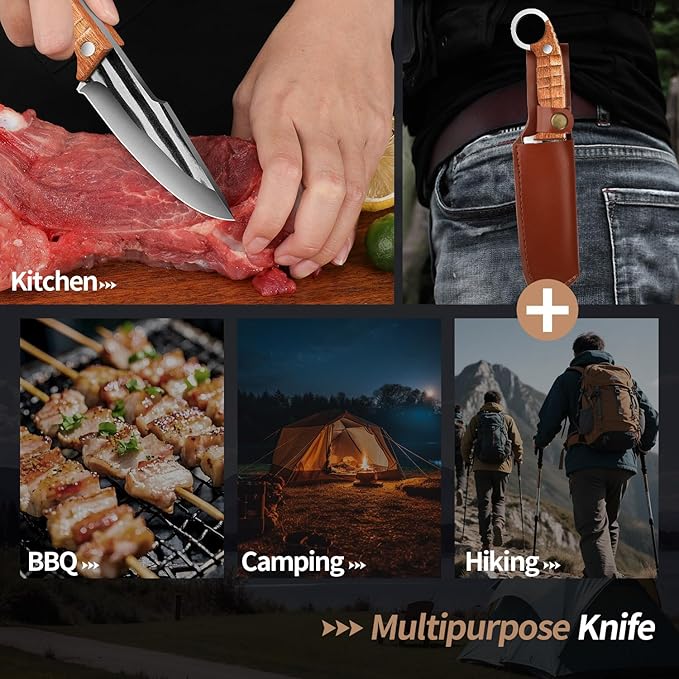 Plys Full-Tang Fixed Blade Knife - 3.9" Durable Outdoor Survival Knife with 4mm Thick Blade, Ergonomic Rosewood Handle, PU Leather Sheath, Ideal for Camping, BBQ, Hiking, and Kitchen Use