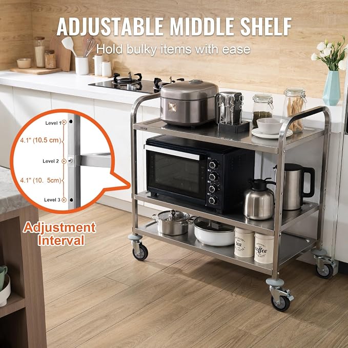 VEVOR Extra Large Utility Cart, 3 Tier Rolling Cart with Adjustable Shelf, Stainless Steel Kitchen Serving Cart with Swivel Casters Brake Wheels, Metal Food Storage Service Trolley, 37"L x 20"D x 37"H