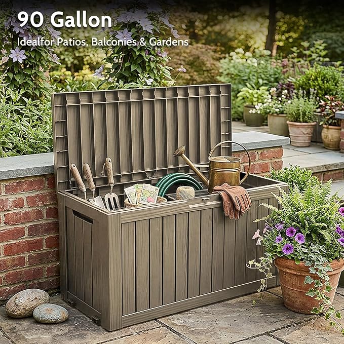 90 Gallon Deck Box Outdoor Storage Box Waterproof for Patio Furniture,Outdoor Cushions,Garden Tools and Pool Supplies,Lockable, Resin and Easy to Install Grey