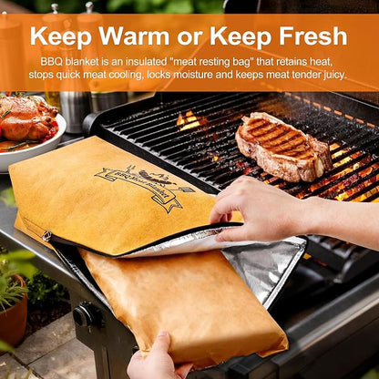 DY DECENT FAMILY BBQ Blanket for Resting Meat with Squeeze Bottle & Meat Press - Meat Resting Blanket for Brisket, Pork, Steak, Turkey - Grill Blanket for Outdoor Grill - Ideal BBQ Gift for Men Dad