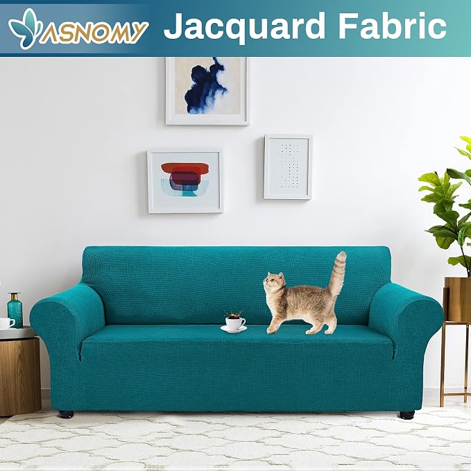 Asnomy Stretch Couch Covers for Sofa Washable, 3 Cushion Couch,Peacock Blue | 1-Piece Sofa Covers(78"-94") 3-Seater Furniture Protector Soft Jacquard,Non-Slip Elastic Bottom For Dogs & Kids
