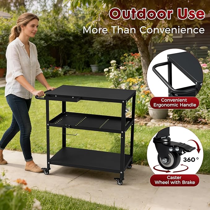 Grill Cart Table Indoor & Outdoor with 4 Lockable Casters, Hooks & Side Handle, Multifunctional Pizza Oven Stand for Patio Kitchen