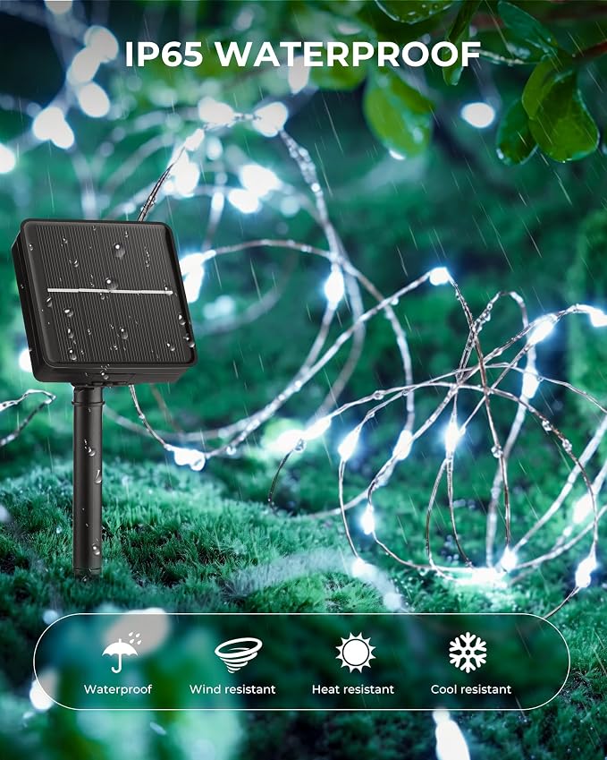 Solar String Lights, 2 Packs Total 66Ft 200 LED Fairy Lights Pure White | IP65 Waterproof Twinkle Lights with 8 Modes, Patio Lights for Tree Outside Patio Yard Party Wedding Christmas Decoration