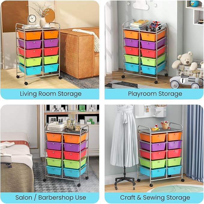 HOMGX Rolling Cart with 10 Drawers, 10 Tiers Multicolor Trolley, Drawer Bin Carts with 2 Lockable Wheels, Adjustable File & Debris Organizer Cart, Rolling Storage Cart for Office, School, Home