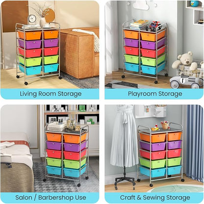 HOMGX Rolling Cart with 10 Drawers, 10 Tiers Multicolor Trolley, Drawer Bin Carts with 2 Lockable Wheels, Adjustable File & Debris Organizer Cart, Rolling Storage Cart for Office, School, Home