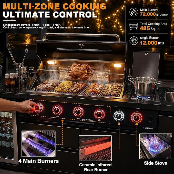 110.7" 4-Burner Modular Outdoor Kitchen Island, 72000 BTU Propane Gas Grill | Side Stove, Rear Infrared, Galvanized Steel Roof, Granite Countertop, Fridge, 360° Pull-Out Faucet,304 Sink, Rotisserie
