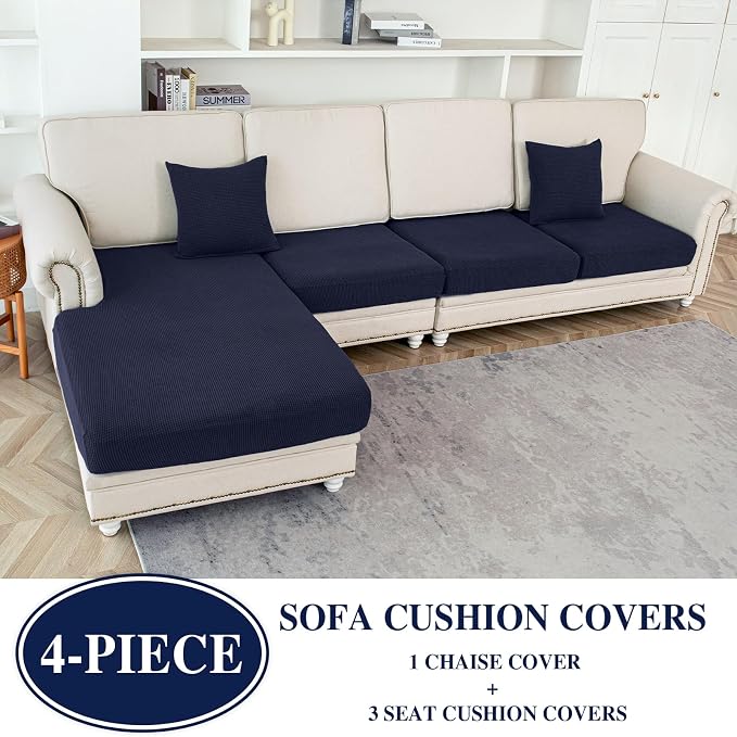LA MEACK Couch Cushion Covers for Sectional Sofa L Shape Washable Separate Seat Chaise Couch Cover Stretch Sofa Slipcovers with 2 Pcs Pillowcases(3 Seater + 1 Chaise, Navy)