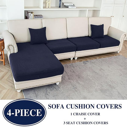 LA MEACK Couch Cushion Covers for Sectional Sofa L Shape Washable Separate Seat Chaise Couch Cover Stretch Sofa Slipcovers with 2 Pcs Pillowcases(3 Seater + 1 Chaise, Navy)