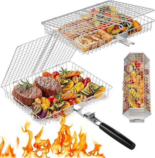 Grill Baskets for Outdoor Grilling, 3PCS Grilling Baskets with Removable Handle, Stainless BBQ Accessories for Vegetables, Fish, Shrimp, Outdoor Camping Cooking Tools Gifts for Men Dad