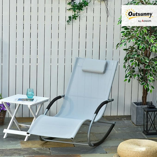 Outsunny Zero Gravity Rocking Chair Outdoor Chaise Lounge Chair Recliner Rocker with Detachable Pillow and Weather-Fighting Fabric for Patio, Deck, Pool, Gray
