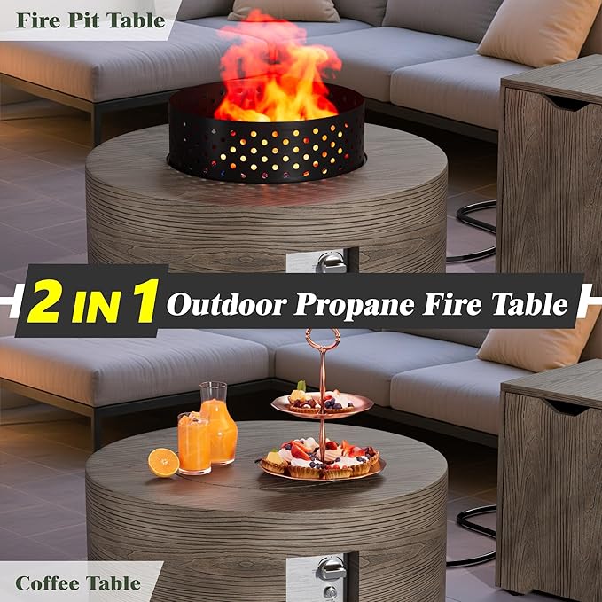 2-Piece Outdoor Propane Fire Pit Table Set w Tank Side Table 30'' Round Fire Pit Table w Wood Grain 2-in-1 Firepit Table for Outside Gas Fire Pit w 304 Stainless Steel Burner 50,000 BTU, Brown