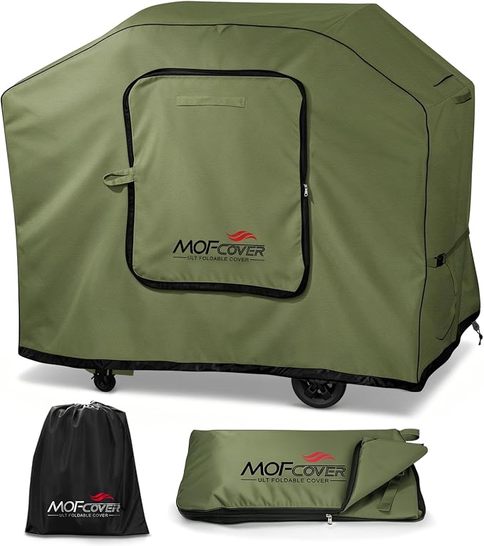 Exclusive Foldable 55 inch Grill Cover, 600D Heavy Duty Outdoor BBQ Cover for 3-4 Burners Grill, Waterproof Fade Resistant Barbecue Cover, Green