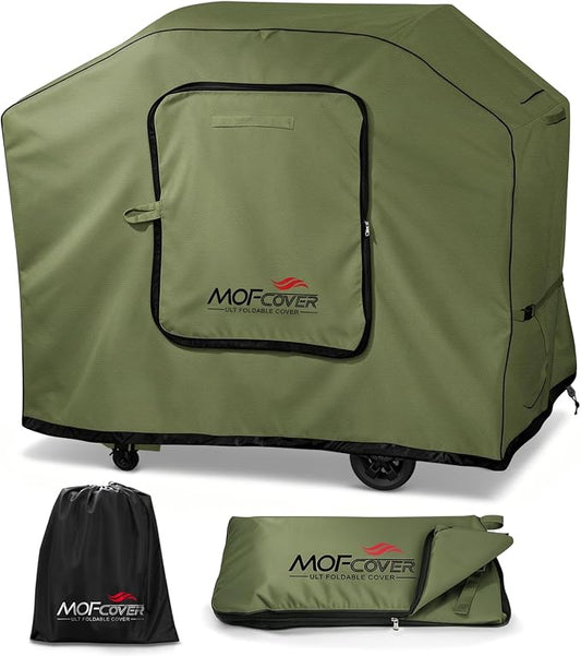 Exclusive Foldable 55 inch Grill Cover, 600D Heavy Duty Outdoor BBQ Cover for 3-4 Burners Grill, Waterproof Fade Resistant Barbecue Cover, Green