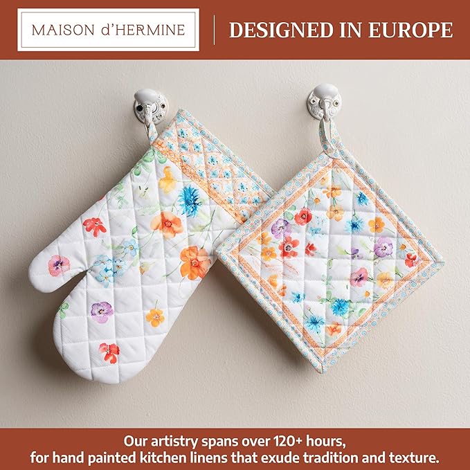 Maison d' Hermine 100% Cotton Oven Mitt & Pot Holder Set (7.5"x13" & 8"x8") Heat Resistant BBQ Cooking Gloves with Loop Baking Grilling Kitchen Hotel Home Farmhouse Spring Summer(Summer Whisper)