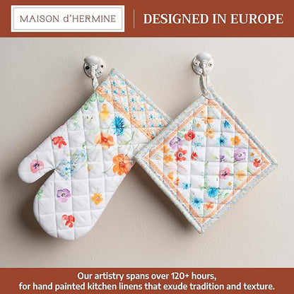 Maison d' Hermine 100% Cotton Oven Mitt & Pot Holder Set (7.5"x13" & 8"x8") Heat Resistant BBQ Cooking Gloves with Loop Baking Grilling Kitchen Hotel Home Farmhouse Spring Summer(Summer Whisper)