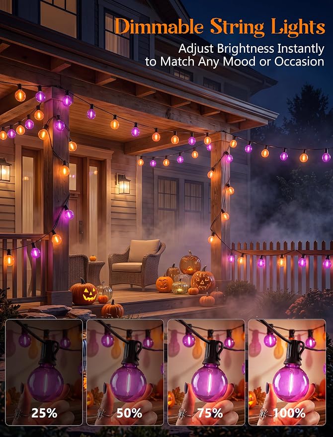 50FT Halloween String Lights Outdoor - G40 Purple and Orange String Lights | 25 Shatterproof LED Bulbs, IP65 Waterproof Dimmable Connectable Globe String Lights for Patio Porch Yard Decor