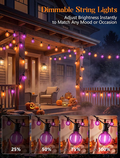 50FT Halloween String Lights Outdoor - G40 Purple and Orange String Lights | 25 Shatterproof LED Bulbs, IP65 Waterproof Dimmable Connectable Globe String Lights for Patio Porch Yard Decor