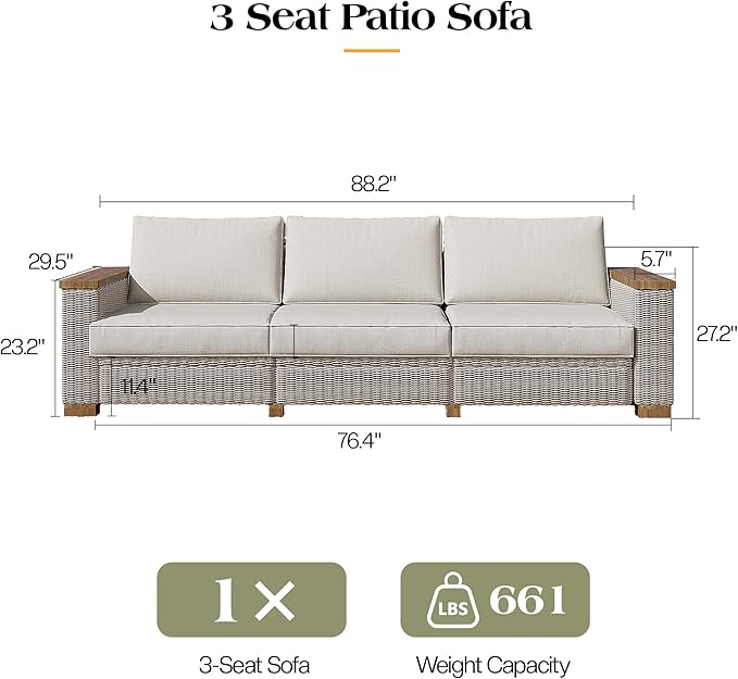 PaPaJet Outdoor Patio Sofa, 3 Seat Wicker Couch with Solid Armrests & Legs, 4.7" Thickened Removable Cushions, UV-Resistant Modular Sofa for Porch, Backyard, Garden