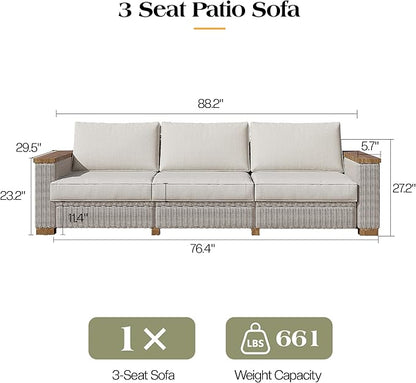 PaPaJet Outdoor Patio Sofa, 3 Seat Wicker Couch with Solid Armrests & Legs, 4.7" Thickened Removable Cushions, UV-Resistant Modular Sofa for Porch, Backyard, Garden