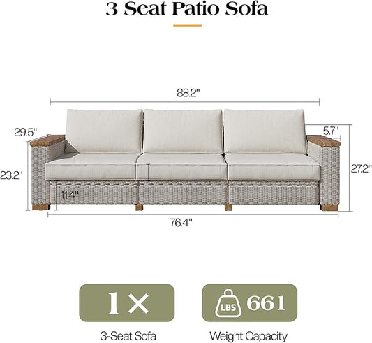 PaPaJet Outdoor Patio Sofa, 3 Seat Wicker Couch with Solid Armrests & Legs, 4.7" Thickened Removable Cushions, UV-Resistant Modular Sofa for Porch, Backyard, Garden