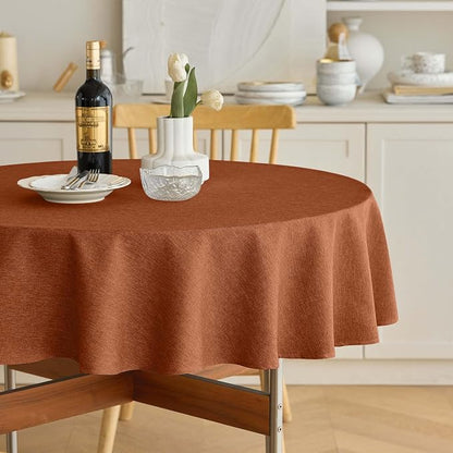 Decorelia Fall Round Tablecloth 60 Inch for Indoor/Outdoor, Burnt Orange | Farmhouse Harvest Thanksgiving Faux Linen Washable Table Cloth Cover for Party Dining & Kitchen Table Decor
