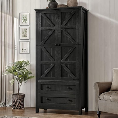 DWVO 64.5" Farmhouse Pantry Cabinet with 2 Drawers & Shelves, Oak Black | Tall Versatile Storage for Living Room, Dining Room, and Hallway