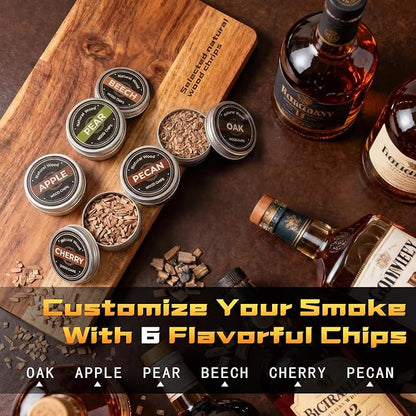 Electric Whiskey Smoker Kit with Led Lights, No Butane Needed, Cocktail Old Fashioned Bourbon Drink Smoker Kit, 6 Flavors Natural Wood Chips, Bourbon Whiskey Gifts for Men, Dad, Husband