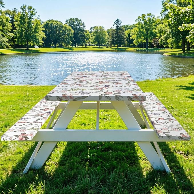 Fitted Picnic Table Cover with Bench Covers Elastic Waterproof Oil-Proof VintageTablecloths for 6 Foot Rectangle Tables Dining Outdoor Patio Camping Essentials
