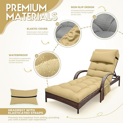 Outdoor Chaise Lounge Chair Cushion, Waterproof Outdoor Chair Cushions for Patio Furniture, 71 x 21 x 4 Inches Replacement Chaise Lounge Cushion with Ties (Khaki)