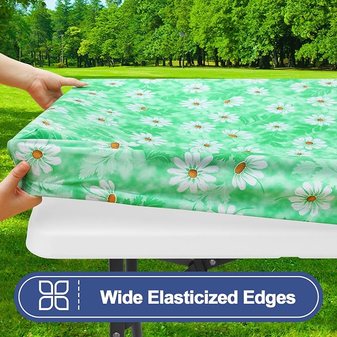 Smiry Picnic Table Cover with Bench Covers, Waterproof Elastic Fitted Tablecloth for 6 Foot Tables, Washable Polyester Tablecloths for Camping, Indoor & Outdoor (Green Daisy, 30x72 Inch 3-pc Set)